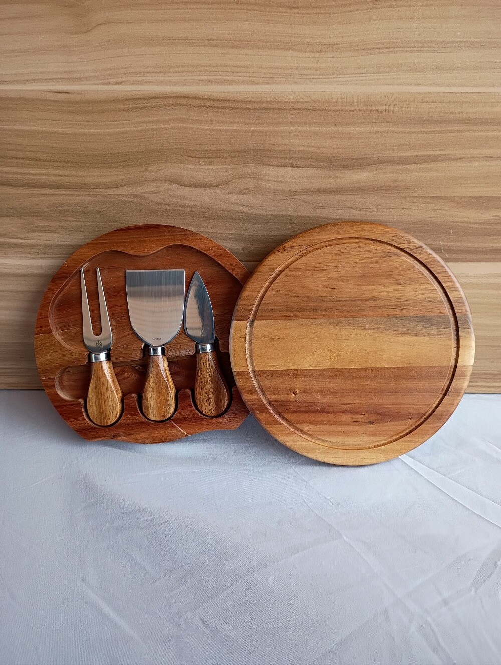 Wooden Round Cheese Board Set with Knife Trio - Natural Brown